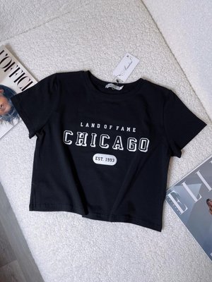 Трендова укорочена футболка-топ з написом "Чикаго" 42-48 (в кольорах) MC 5105/1 фото